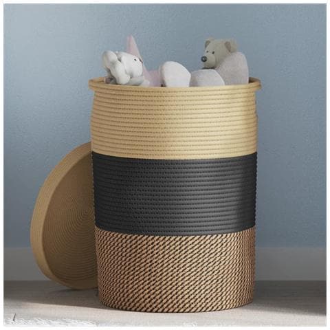 Cestino Portaoggetti Con Coperchio Nero E Beige 37x50cm Cotone - Foto 1