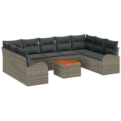 Set di Divani da Giardino da 10 Pezzi con Cuscini Grigio Rattan Polietilene Acacia,  Divano da Giardino a 2 posti con Contenitore e Cuscini Grigio Rattan Polietilene - Foto 1