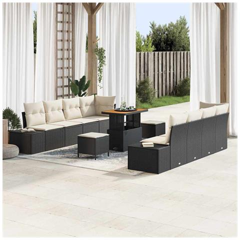 Set Divano da Giardino di 11 Pezzi con Cuscini Nero Polirattan Acacia, Divano da Giardino di 2 Posti con Cuscini Nero Polirattan, Set da Pranzo da Giardino di 3 Pezzi con Cuscini Nero Polirattan Acacia - Foto 2