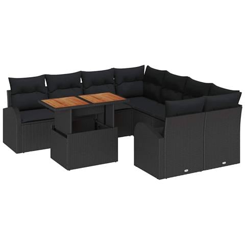 Set Giardino 9 Pezzi con Cuscini Rattan Poliestrene Nero - Foto 1