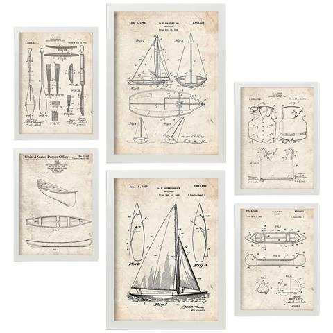 Set Di 6 Stampe Poster Con Brevetti Di Barche Poster Con Immagini Di Brevetti Retrò Design D'interni In Stile Vintage A3 & A4 Cornice Bianca - Foto 1