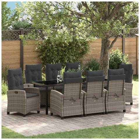 Set da Pranzo per Giardino con cuscino 9 pcs Grigio polyrattan - Foto 2