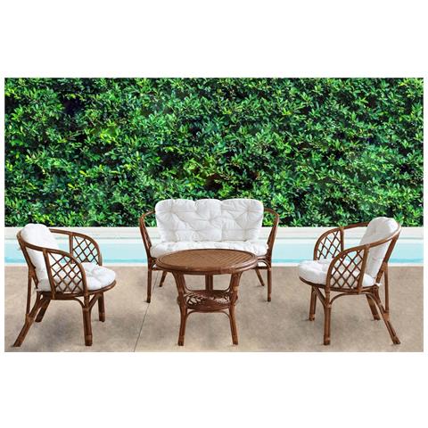 Salotto Da Giardino 4 Posti Con Struttura In Legno Bamboo Intrecciati Con Vimini E Tavolino Tondo Enea - Burlywood - Foto 1