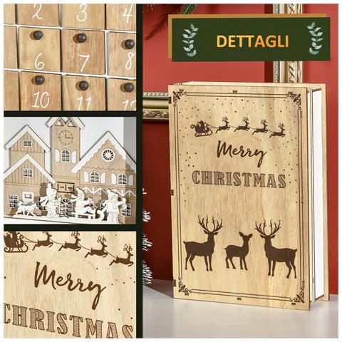 Calendario Avvento Di Natale In Legno A Forma Di Libro Con Temi Natalizi, 22x7x32 Cm, Bianco E Color Legno - Foto 6