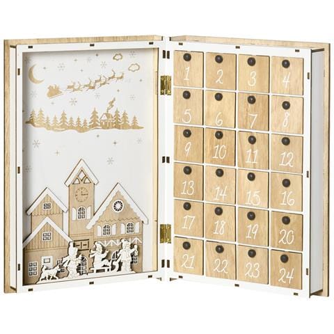 Calendario Avvento Di Natale In Legno A Forma Di Libro Con Temi Natalizi, 22x7x32 Cm, Bianco E Color Legno - Foto 1