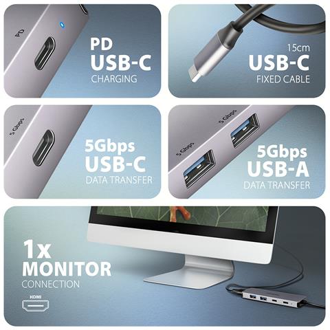 HMC-5H60 replicatore di porte e docking station per laptop Cablato USB 3.2 Gen 1 (3.1 Gen 1) Type-C Grigio - Foto 8