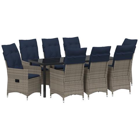 Set Pranzo Giardino 9 Pezzi con Cuscini Grigio Polyrattan, Tavolo Giardino Nero 200x80x73 cm Vetro Temperato - Foto 1