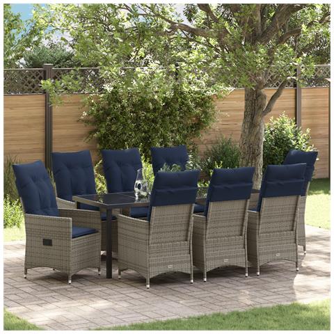 Set Pranzo Giardino 9 Pezzi con Cuscini Grigio Polyrattan, Tavolo Giardino Nero 200x80x73 cm Vetro Temperato - Foto 2