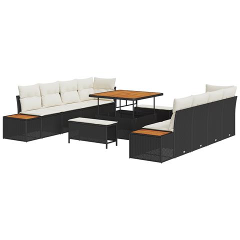 Set da giardino 11 pezzi con cuscini neri in polyrattan e acacia,  Set da pranzo da giardino 3 pezzi con cuscini neri in polyrattan e acacia - Foto 1