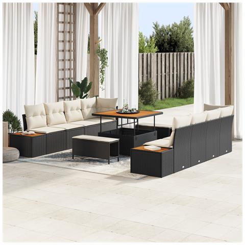 Set da giardino 11 pezzi con cuscini neri in polyrattan e acacia,  Set da pranzo da giardino 3 pezzi con cuscini neri in polyrattan e acacia - Foto 2