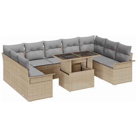 Set di divani da giardino da 10 pezzi con cuscini in polyrattan beige,  Divano da giardino a 2 posti con spazio di archiviazione e cuscini in polyrattan beige - Foto 1