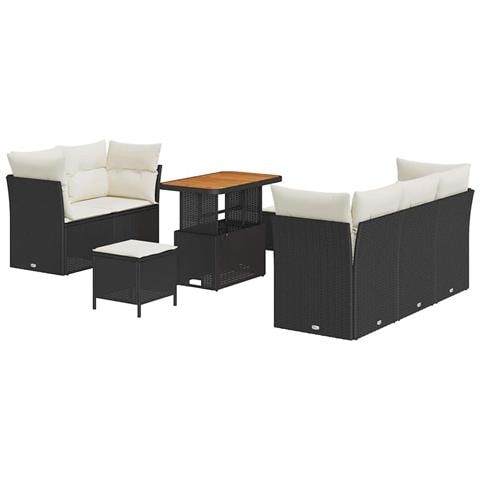 Set divani giardino da 8 pezzi with cuscini in rattan poliestere nero e acacia, Set pranzo giardino da 3 pezzi con cuscini in rattan poliestere nero e acacia - Foto 1