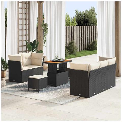 Set divani giardino da 8 pezzi with cuscini in rattan poliestere nero e acacia, Set pranzo giardino da 3 pezzi con cuscini in rattan poliestere nero e acacia - Foto 2