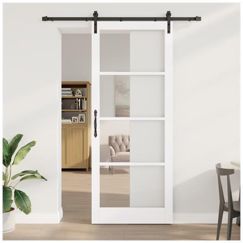 Porta Scorrevole con Set di Hardware 'ORKDAL'in Legno Massello Bianco e Vetro, Porta Interna con Vetro 'ORKDAL'Bianca 93x232x4 cm - Foto 2