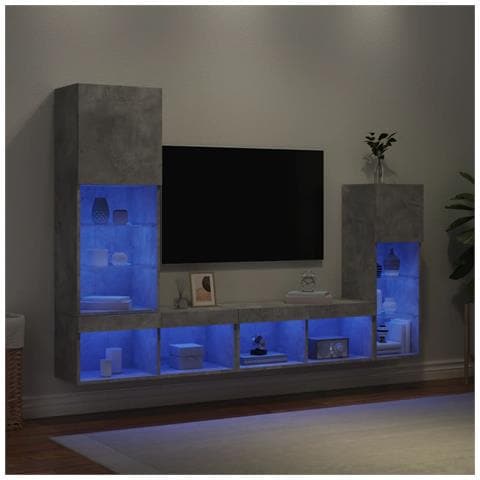 Mobili TV a Muro con LED 4pz Grigio Cemento Legno Multistrato - Foto 2