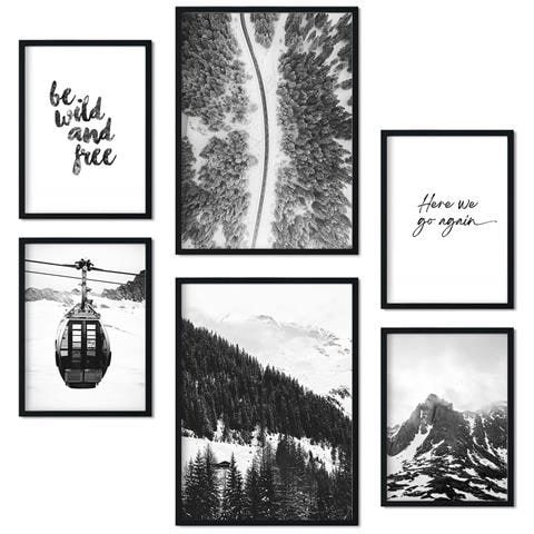 Set Di 6 Stampe Immagini Di Montagne In Bianco E Nero, Stampe Artistiche Da Parete, Poster Decorativi, Design D'interni In Galleria D'arte A3 & A4 Cornice Nera - Foto 1