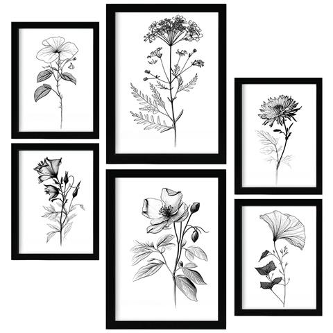 Set Di 6 Stampe Fiori In Fiore, Stampe Naturalistiche E Botaniche Con Motivi Floreali Nel Classico Design D'interni In Bianco E Nero A3 & A4 Cornice Nera - Foto 1