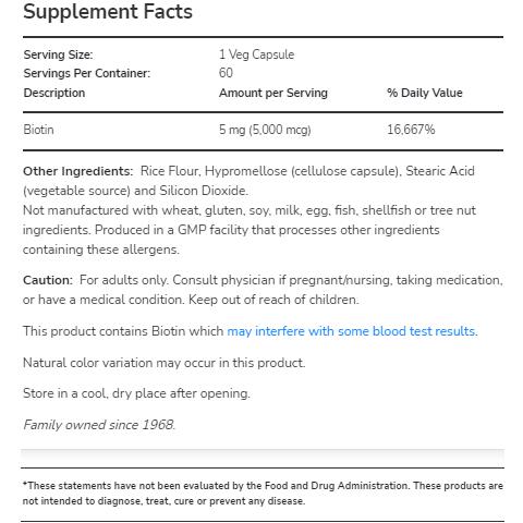 Biotin, 5000mcg - 60 Vcaps - Biotina - Foto 3