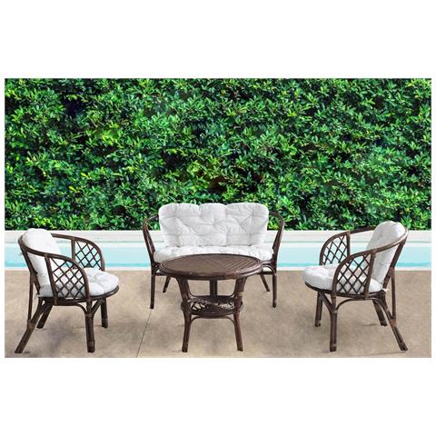 Salotto Da Giardino 4 Posti Con Struttura In Legno Bamboo Intrecciati Con Vimini E Tavolino Tondo Enea - Saddlebrown - Foto 1