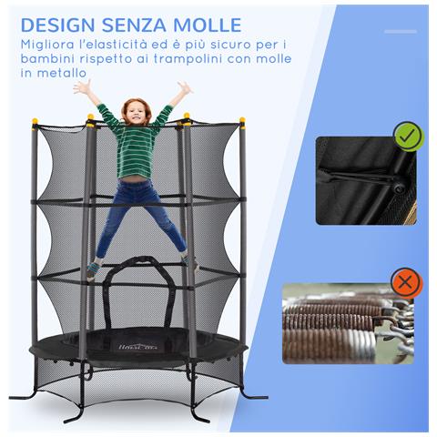 Trampolino Elastico per Bambini Ø1.6x1.9 m con Rete di Sicurezza e Pali Imbottiti, Età 3-10 Anni, Nero - Foto 2