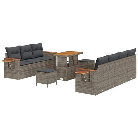 Set di Divani Da Giardino da 10 Pezzi con Cuscini in Polyrattan Grigio Acacia, Set da Giardino di 3 Pezzi con Cuscini in Polyrattan Grigio Acacia - Foto 1