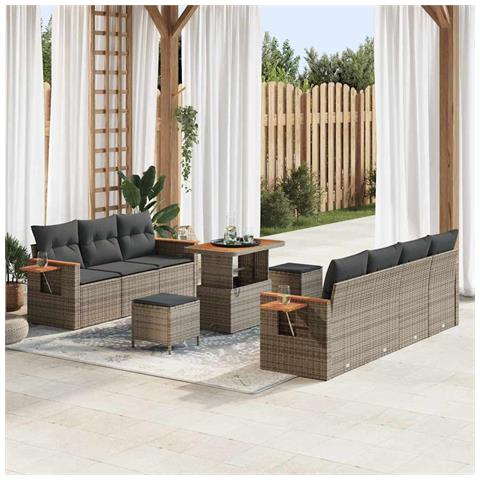 Set di Divani Da Giardino da 10 Pezzi con Cuscini in Polyrattan Grigio Acacia, Set da Giardino di 3 Pezzi con Cuscini in Polyrattan Grigio Acacia - Foto 2