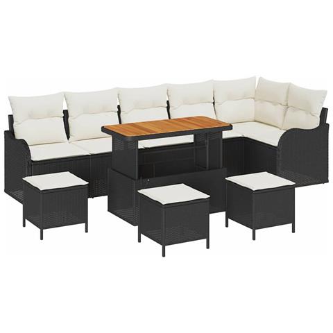 Set di Divano da Giardino con Cuscini 10 Pezzi Rattan Sintetico Nero Acacia, Divano da Giardino 2 Posti con Ripostiglio e Cuscini Rattan Sintetico Nero, Set da Pranzo Giardino 4 Pezzi con Cuscini Rattan Sintetico Nero Acacia - Foto 1