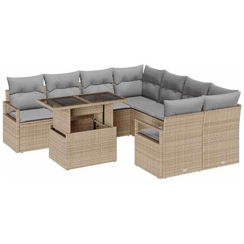 Set divani giardino da 9 pezzi con cuscini beige in polyrattan,  Divano giardino per 2 persone con cuscini beige in polyrattan - Foto 1