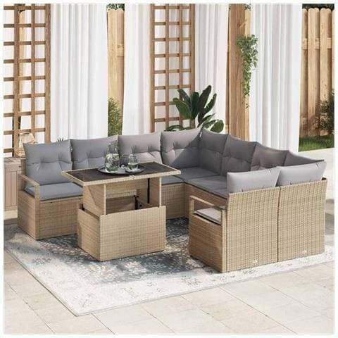 Set divani giardino da 9 pezzi con cuscini beige in polyrattan,  Divano giardino per 2 persone con cuscini beige in polyrattan - Foto 2