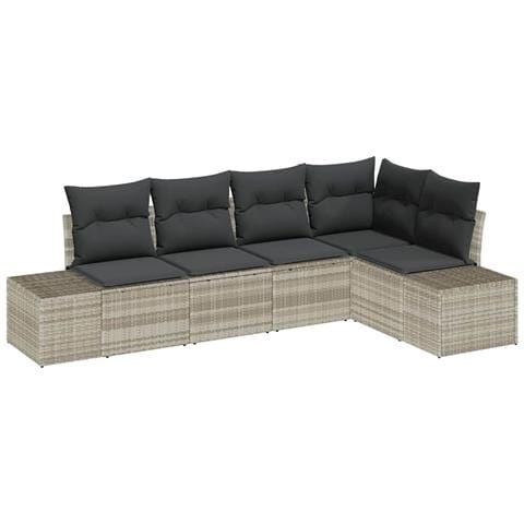 Set divano da giardino 5 pezzi con cuscini grigio chiaro in polyrattan - Foto 1