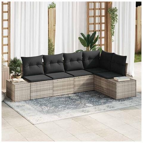 Set divano da giardino 5 pezzi con cuscini grigio chiaro in polyrattan - Foto 2