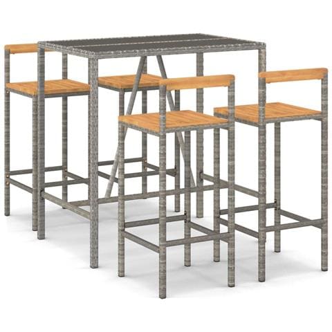 Set Bar Giardino 5pz Grigio Polyrattan e Legno Massello Acacia - Foto 1