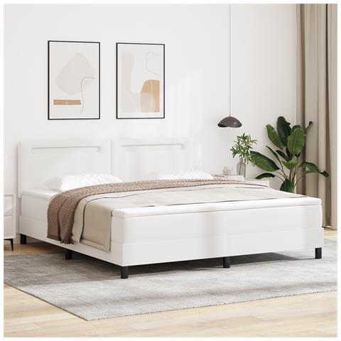 Letto box spring con materasso bianco super king in finta pelle, Testiera semplice in bianco puro 180 cm in finta pelle - Foto 2