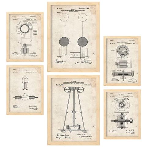 Set Di 6 Stampe Poster Con Brevetti Elettrici 1 Poster Con Immagini Di Brevetti Retrò Design D'interni In Stile Vintage A3 & A4 Telaio In Legno Chiaro - Foto 1