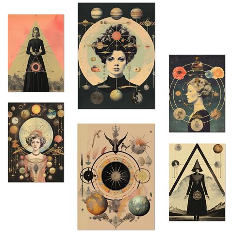 Set Di 6 Stampe Collage Surreale Nel Mistico Ed Esoterico In Beige E Nero, Illustrazioni Di Design Per Le Pareti Delle Stanze Di Casa A3 & A4 Senza Cornice - Foto 1