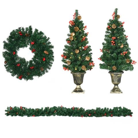 Decorazioni Natalizie, Set 4 Pezzi Con 2 Alberelli Di Natale ?40x90 Cm, Ghirlanda Natalizia E Corona Di Natale - Foto 1