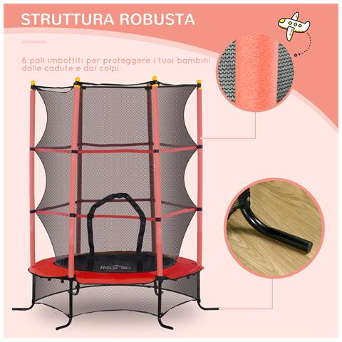 Trampolino Elastico per Bambini Ø1.6x1.9 m con Rete di Sicurezza e Pali Imbottiti, Età 3-10 Anni, Rosso - Foto 6