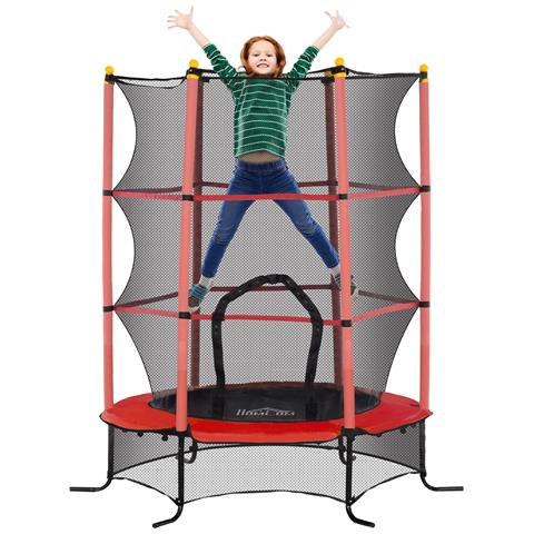 Trampolino Elastico per Bambini Ø1.6x1.9 m con Rete di Sicurezza e Pali Imbottiti, Età 3-10 Anni, Rosso - Foto 1