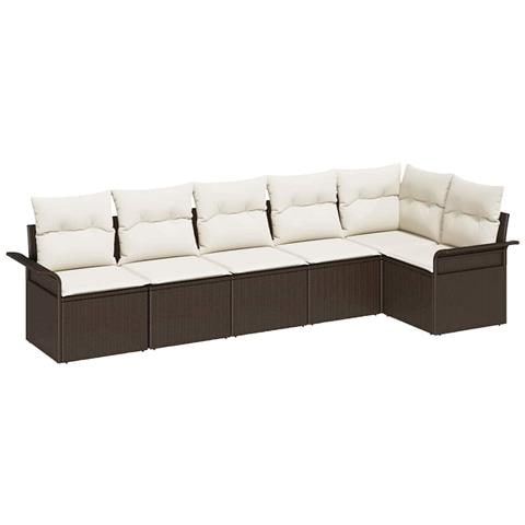 Set di divani da giardino 6 pezzi con cuscini Marrone Polyrattan, Divano da giardino 2 posti con spazio di archiviazione e cuscini Marrone Polyrattan - Foto 1
