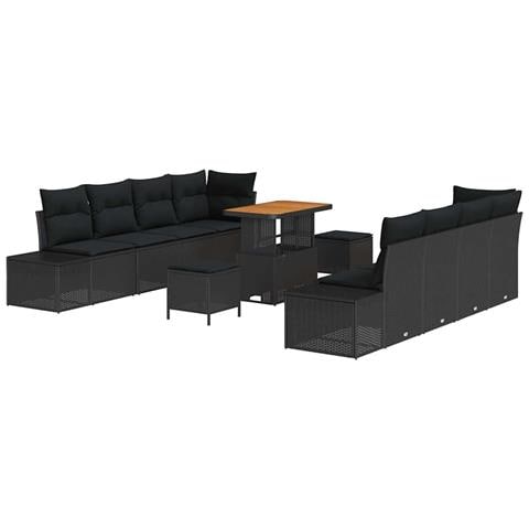 Set Divano da Giardino di 11 Pezzi con Cuscini Polyrattan Nero Acacia, Divano da Giardino di 2 Posti con Cuscini Polyrattan Nero, Set da Pranzo da Giardino di 3 Pezzi con Cuscini Polyrattan Nero Acacia - Foto 1