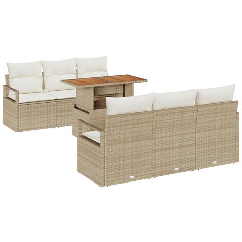 Set di Divani da Giardino 7 Pezzi con Cuscini Beige Rattan Poliestere, Divano da Giardino 2 Posti con Cuscini Beige Rattan Poliestere - Foto 1