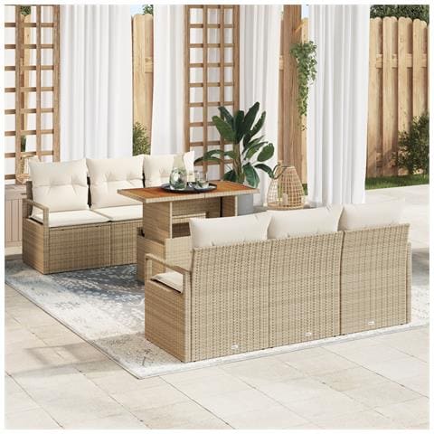 Set di Divani da Giardino 7 Pezzi con Cuscini Beige Rattan Poliestere, Divano da Giardino 2 Posti con Cuscini Beige Rattan Poliestere - Foto 2