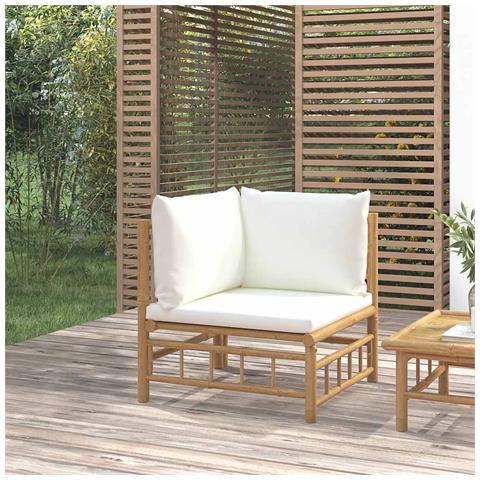 Divano Angolare da Giardino con Cuscini Bianco Crema in Bambù - Foto 2