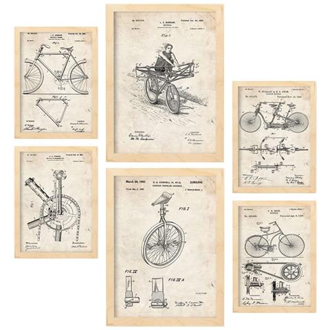 Set Di 6 Stampe Poster Con Brevetti Di Biciclette Poster Con Immagini Di Brevetti Retrò Design D'interni In Stile Vintage A3 & A4 Telaio In Legno Chiaro - Foto 1