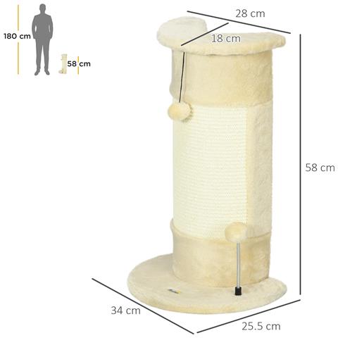 Albero Tiragraffi Per Gatti Fino 5kg Con 2 Palline In Sisal E Peluche, 34x25.5x58cm, Beige - Foto 6