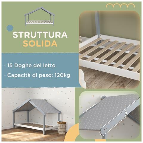 Letto a Casetta in Legno di Pino a 15 Doghe con Tetto Stellato in Tessuto, 213x100x140 cm, Grigio - Foto 2