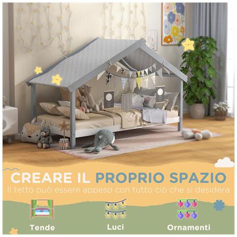 Letto a Casetta in Legno di Pino a 15 Doghe con Tetto Stellato in Tessuto, 213x100x140 cm, Grigio - Foto 6