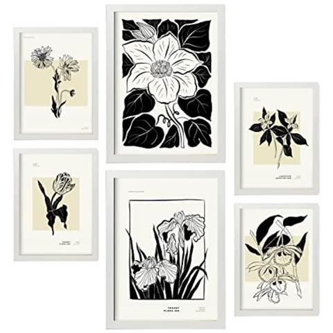 Set Di 6 Stampe Stampe Artistiche Floreali In Inchiostro Nero In Stile Schizzo Per L'interior Design A3 & A4 Cornice Bianca - Foto 1