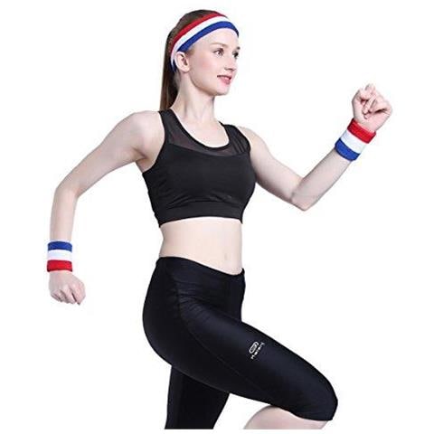 Sweatband Set (3 Pezzi) Sport Fascia Da Polso A Strisce Sweatbands Tessuto Di Spugna Wristband Athletic Esercizio Pallacanestro Polso Sweatband E Fasce Assorbimento Dellumidit Assorbimento Del Sudore Head Band - Foto 2