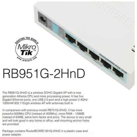 RB951G-2HND, Internal, 8 - 30, -20 - 50 °C, IEEE 802.11b, IEEE 802.11g, IEEE 802.11n, IEEE 802.3, IEEE 802.3ab, IEEE 802.3u, 16-QAM, 64-QAM, BPSK, CCK, DBPSK, DSSS, OFDM, QPSK, 802.11g: -96dBm @ 6Mbit / s to -80dBm @ 54Mbit / s 802.11n: -96dBm @ MCS0 to -78dBm @ MCS7 - Foto 1
